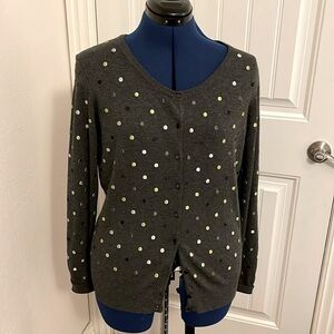 CHRISTINA women Size M Polkadot Long Sleeve Cardigan Embroidered Gray Lime Green
